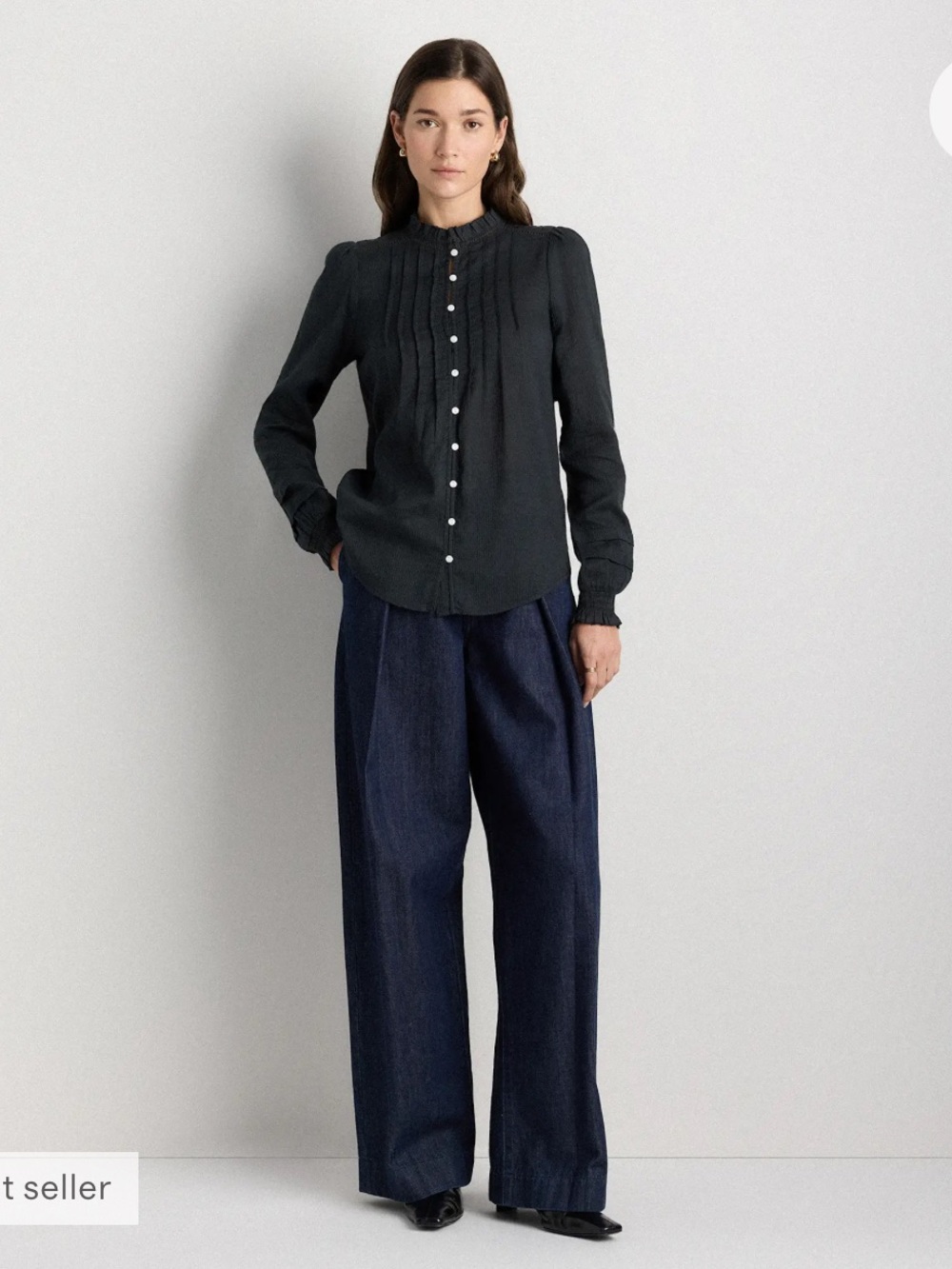 Quince organic cotton pheasant Black Ruffled Button-Front Blouse M - Picture 3 of 11